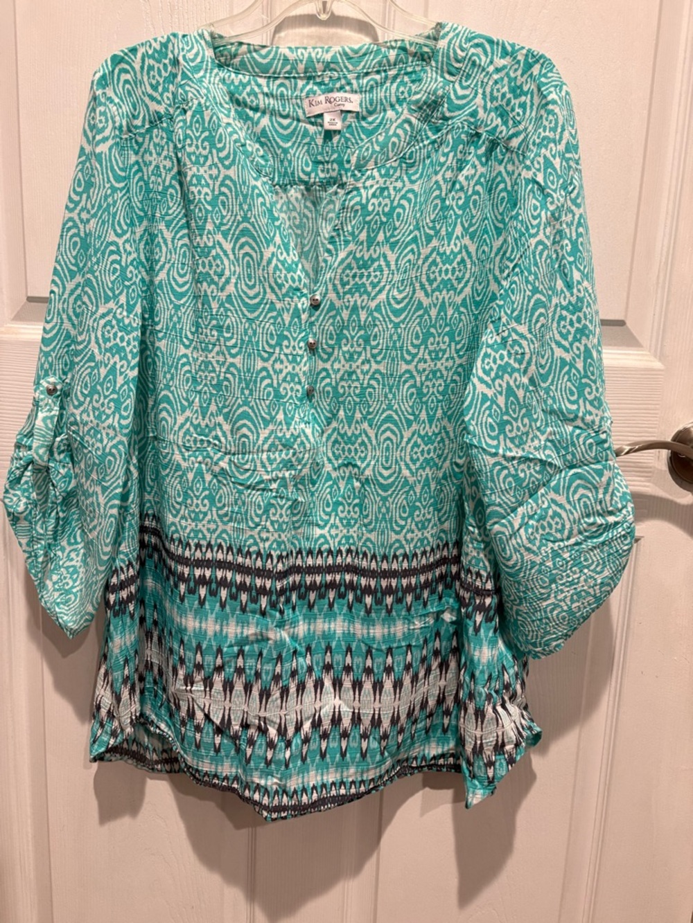 Kim Rogers Teal, Navy Blue & White Geometric Roll-Tab Blouse